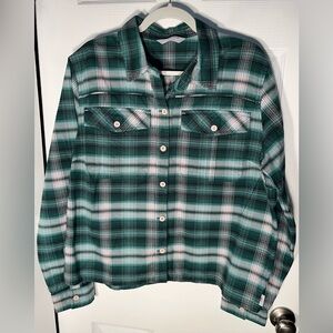 Women’s Stio Large Bevel Green Long Sleeve Flannel Button Shirt Rich Pine Plaid